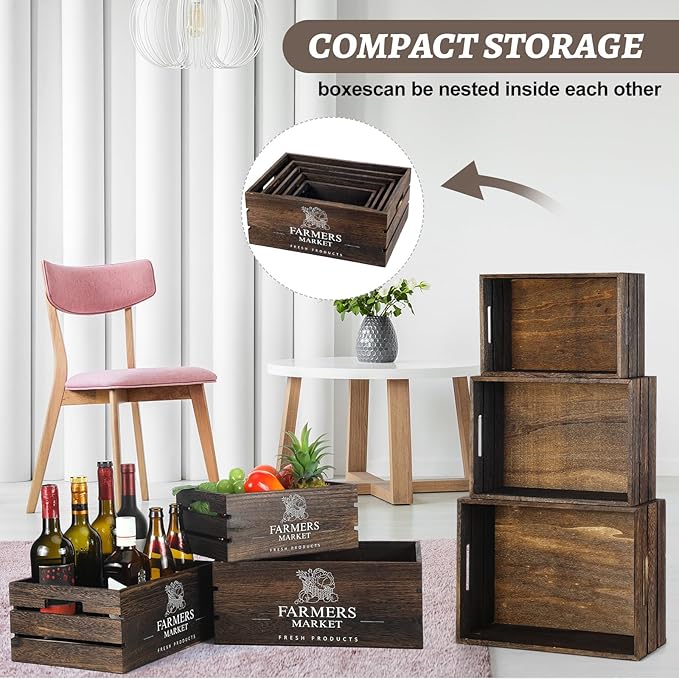 Barydat Set of 5 Wood Crates for Display Decorative Nesting Wooden Crate Storage with Handles Vintage Farmhouse Style Decorative Boxes Multipurpose Fruits Vegetables Boxes(Dusty Brown,Elegant)