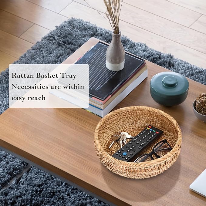 Key Basket for Entryway Table 9.3" Round Wicker Basket Tray Rattan Key Holder Handwoven Decorative Serving Tray for Keys Wallet Cell Phone Fruit Candy Cracker