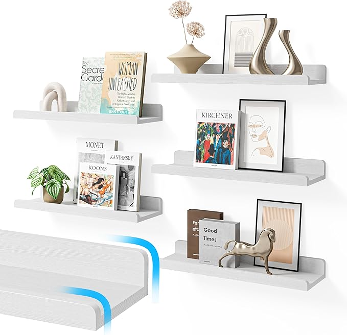 YUFLINX 16’’White Floating Shelves for Wall with Anti-Crash Design Set of 6,Nursery Book Shelves for Room Decor/Storage/Display,Hanging Wall Shelves for Bedroom, Bathroom, Living Room,Kids Room
