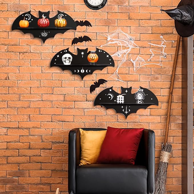 Geetery 3 Pcs Bat Shelf Gothic Decor Witchy Crystal Shelf Spooky Coffin Wall Hanging with Hooks Floating Black Wooden Room Decor for Crystal Keys