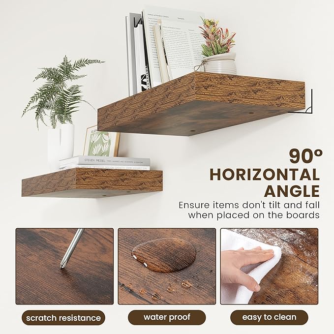 FLYJOE 12 Inch Deep Floating Shelves | 24 Inch Brown Floating Shelves | 24" W x 12" D Rustic Wood Shelves for Wall | Deep Shelves for Living Room Bathroom Laundry Room Kitchen