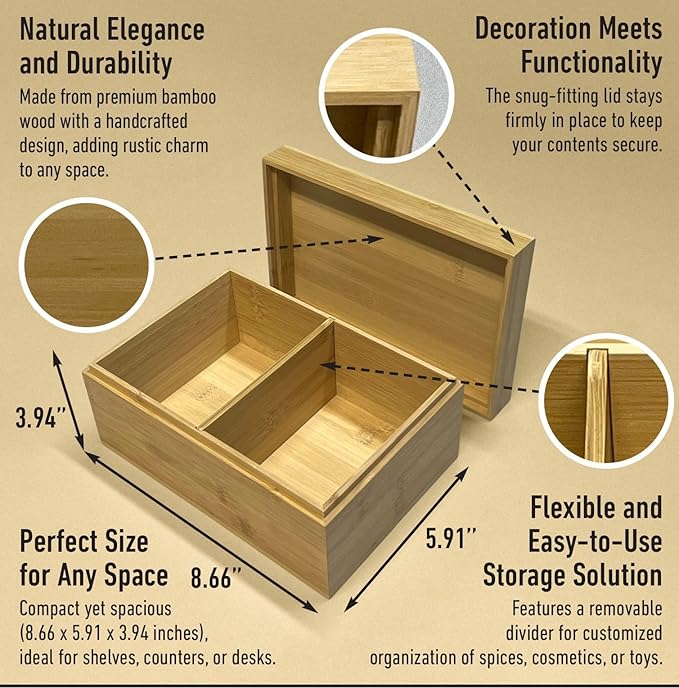 Bamboo Wooden Storage Box with Lid – Natural Wood Organizer with Removable Divider, 8.66 x 5.91 x 3.94 Inches – Decorative Jewelry, Kitchen, Bathroom & Home Organizer