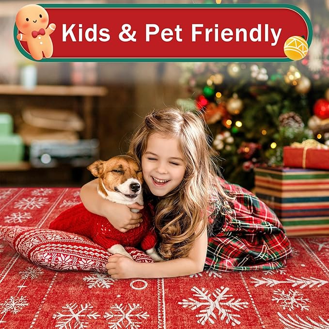 XLUEZ Christmas Area Rug 8x10 Living Room Rugs, Machine Washable Boho Christmas Tree Snowflake Rug Non-Slip Soft Low Pile Holiday Indoor Rugs for Bedroom Kitchen Dining Room Office(Xmas Red, 8'x10')