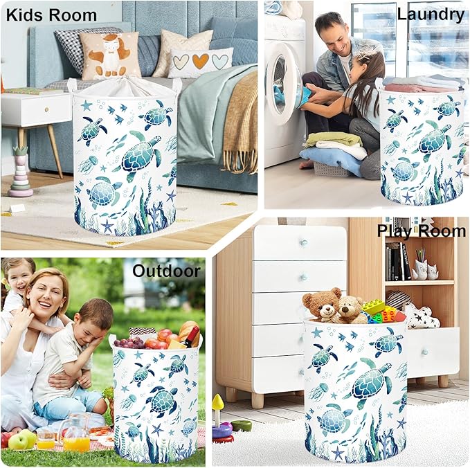 Sea Animals Laundry Hamper Ocean Fish Coral Large Storage Basket Parents Organizer Kids Clothes Toy Bins for Bedroom, Bathroom, Blue Turtles, 63L
