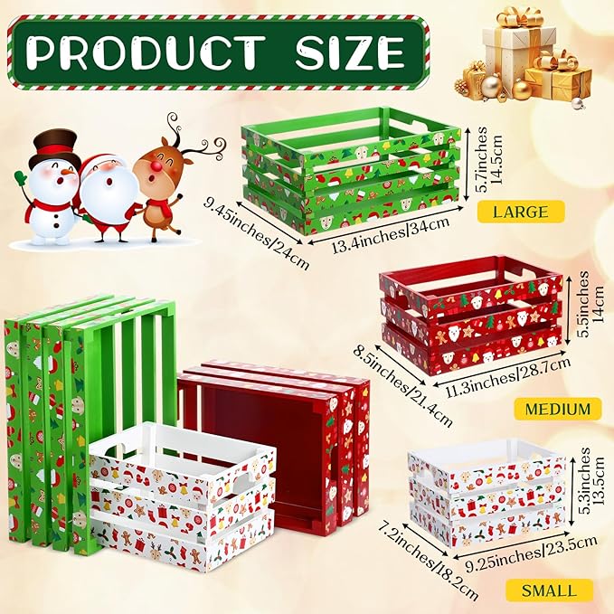 Novabright 3 Pcs Christmas Wood Crates 13'' 11'' 9'' Decorative Rustic Nesting Crate with Handle Farmhouse Wood Storage Basket Gift Boxes for Winter Display Candy Craft Pet Holiday Decor(Cute Style)