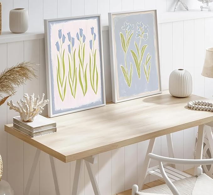 3Pcs Blue Green Tulip Hydrangea Flower Wall Art Flowers Plant Aesthetics Painting Picture Decor Elegant Preppy Poster Print Artwork for Living Room Gallery Bedroom Dorm Home Decoration