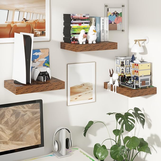 FLYJOE 12 Inch Deep Floating Shelves | 16 Inch Brown Floating Shelves Set of 2 | 16W x 12D Rustic Shelves for Wall | Deep Wood Shelves for Living Room Bathroom Kitchen Bedroom