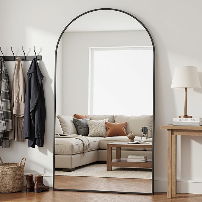 Full Length Mirror, 76"x44" Arched Floor Mirror Freestanding, Floor Standing Full Body Mirror with Stand for Bedroom, Hanging Mounted for Living Room Cloakroom, Black