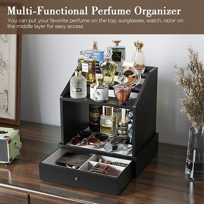 Miratino Cologne Organizer for Men, Large-Capacit Perfume Organizer for Men with 2-in-1 Design, 3-tier Cologne Stand, Wood Perfume Holders, Cologne Storage Display with Spacious Velvet-Lined Drawers