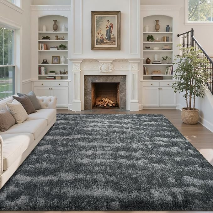 Area Rugs for Living Room 8x10 Feet, Soft Fluffy Shagg Plush Bedroom Rug Non-Slip,Large Carpet for Nursery Kids Dorm Home Decor Rippling Grey