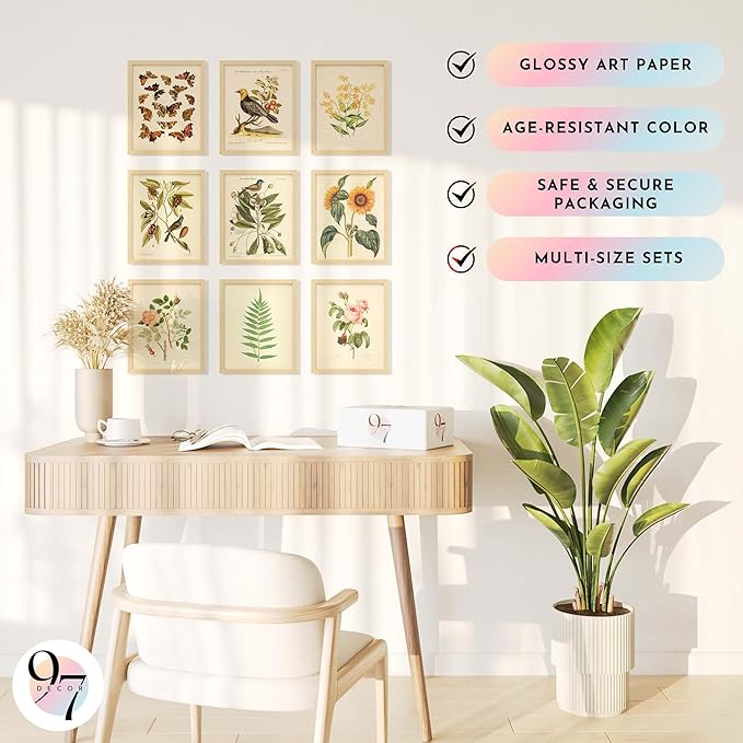 97 Decor Vintage Botanical Wall Art Decor - Plant Posters For Room Aesthetic, Vintage Botanical Prints Nature Wall Decor, Floral Pictures Butterfly Bird Art For Home Bedroom Decoration (8x10 Unframed)