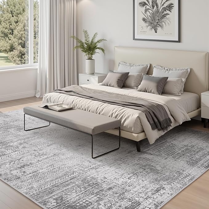 8x10 Area Rugs for Living Room Non Slip Machine Washable Rug Distressed Abstract Soft Indoor Carpet Neutral Boho Rug for Bedroom Dining Room Playroom Office, Grey
