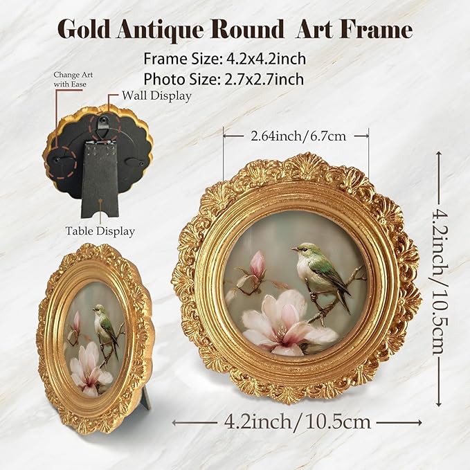 Small Vintage Bird Spring Round Picture Frame Wall Decor, Pink Flower Gold Mini Ornate Photo Frame for TableTop Desk 2.7in Photo,Rustic Farmhouse Framed Artwork for Walls Office Bedroom Shelf