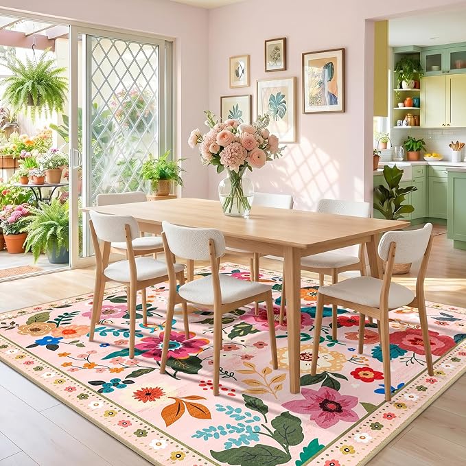 RELEANY Floral Nursery Square 8ft Area Rugs Washable Print Boho Cute Carpet Non Slip Flower Low Pile for Living Room Kids Girls Playroom Bedroom Kitchen Office Farmhouse-Pink