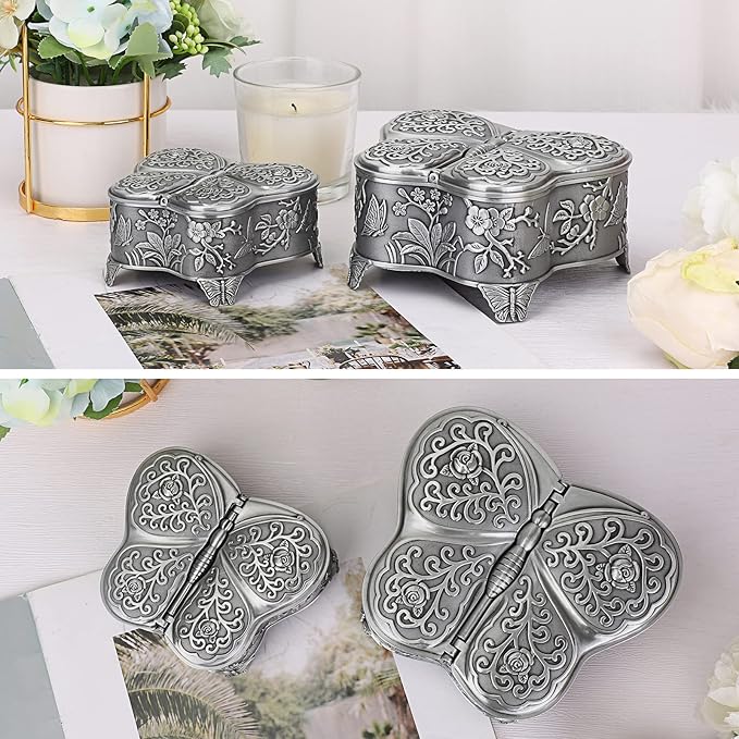 Hipiwe Antique Metal Jewelry Box Butterfly Shape Jewelry Organizer Vintage Trinket Storage Box Treasure Chest Ring Holder Earrings Necklace Storage Box Decorative Metal Box for Women, Large