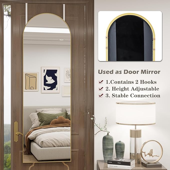 Door Mirror, Arched Full Length Mirrors Over The Door, 16"x 50" Hanging or Wall Mirror, Full Body Mirrors,Gold