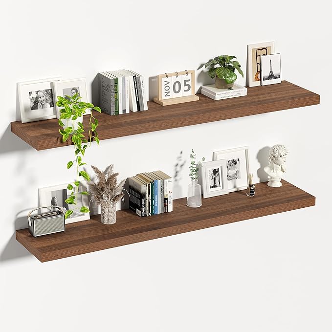 Vivelove Rustic Floating Shelves for Wall 12 Inch Deep, 55" X 12" X 1.5" Floating Shelf, 2 Inch Thick Shelf for Living Room Bathroom Bedroom Kitchen Office, Rustic Farmhouse Decor Set of 2, Walnut