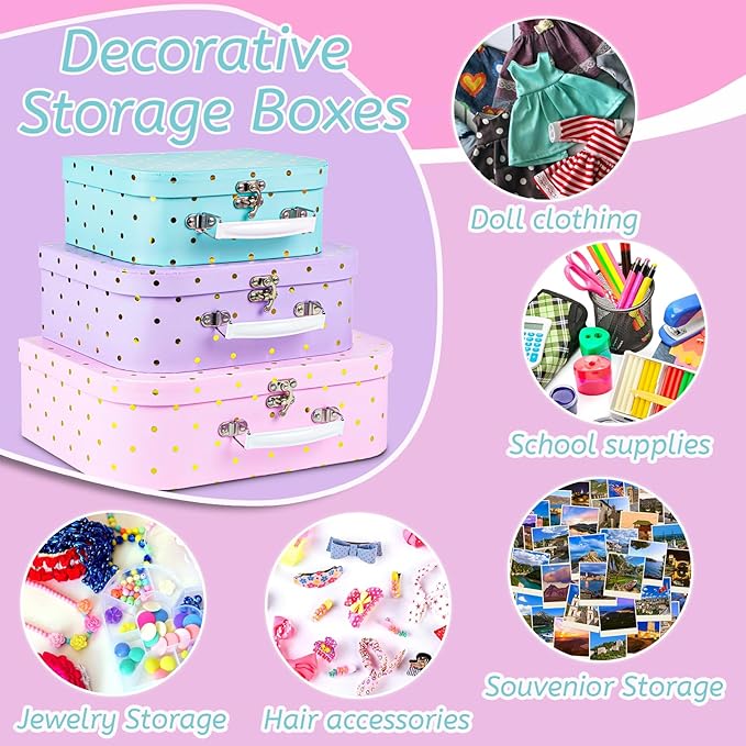 Eazy2hD Paperboard Suitcases, Set of 3 Decorative Storage Boxes Gift Boxes With Lids for Photo Storage Home Decoration, Birthday, Weddings, Anniversary - Mini Cardboard Suitcase - Gold Foil Polka Dots