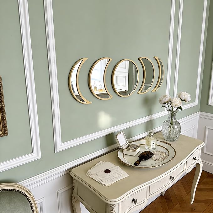 5-Piece Set of Moon Phase Mirror Decorations in Nordic Style, Acrylic Mirror paired with Wooden Combination, Bohemian Style Living Room Bedroom Home Decoration, Beige (Beige)