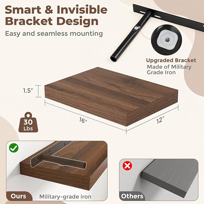 Fun Memories Floating Shelves for Wall, 12 x 16 Floating Shelf for Books, Rustic Wood Deep Storage Wall Shelf with Invisible Bracket - 16" Walnut Shelves for Living Room & Bedroom, Set of 2