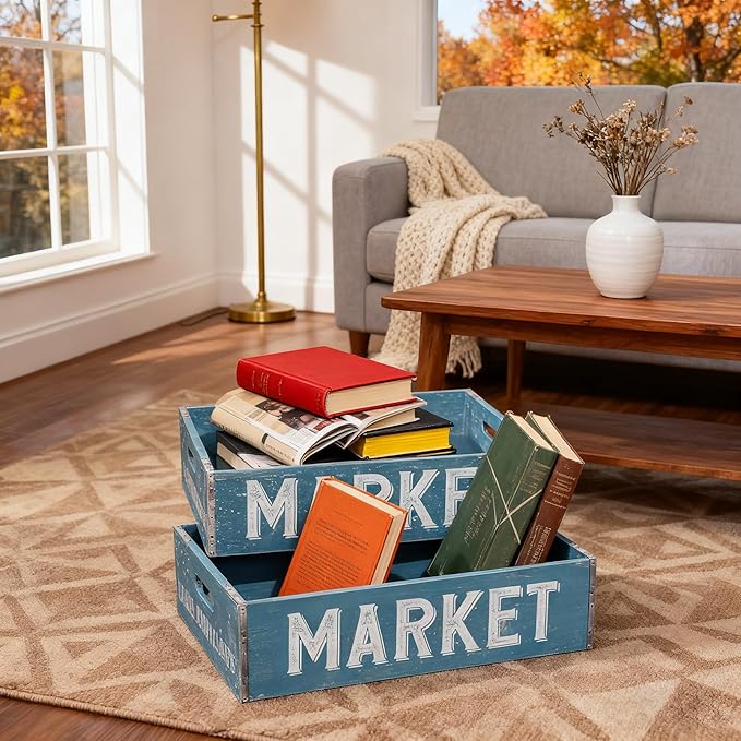 Extra Large Wooden Crate Set of 2 Rustic Wood Storage Crates Farmhouse Nesting Wooden Crate Basket Vintage Home Decorative Boxes with Handles for Display (Blue)