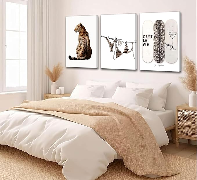 TOLAN 3Pcs Trendy Leopard Print Canvas Wall Art Stylish Female Aesthetic Poster Cheetah Printed Preppy Fashion Skateboard Picture Wall Decor for Bedroom Apartment Dorm Living Room Home Decoration