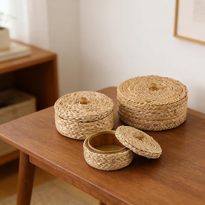 SOFE Round Rattan Storage Boxes with Lids Set of 3, Handwoven Wicker Basket, Small Baskets for Shelves, Boho Organizer Desk, Living Room Home Decoration