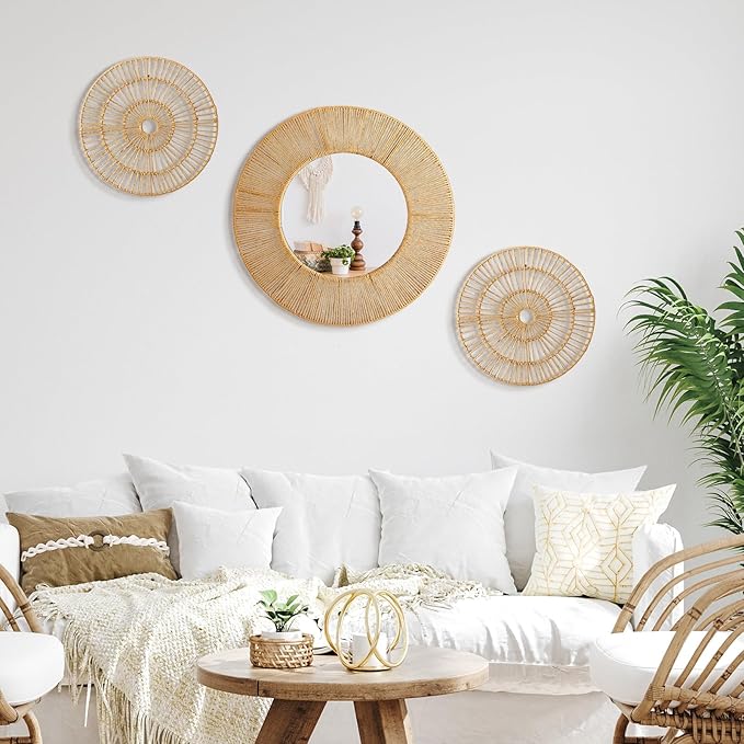 Yerliker 3 Pcs Boho Mirror Wall Decor, Natural Jute Woven Round Mirror, 19.7" Large Decorative Mirrors with 2 Wall Art Plaques, Rustic Farmhouse Coastal Decor for Bathroom Bedroom Living Room Entryway