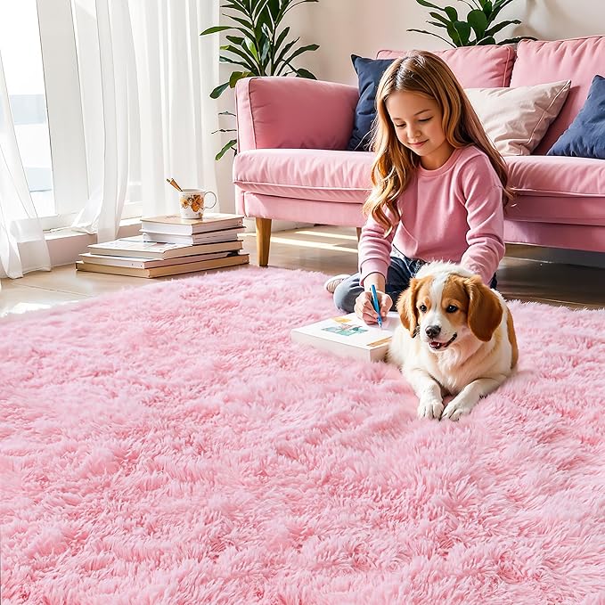 Pink Fluffy 9x12 Large Area Rugs for Bedroom Living Room Girls, Soft Washable Fuzzy Furry Shag Rug for Kids Room, Nursery, Dorm Decor, Cute Plush Carpet for Baby Toddler