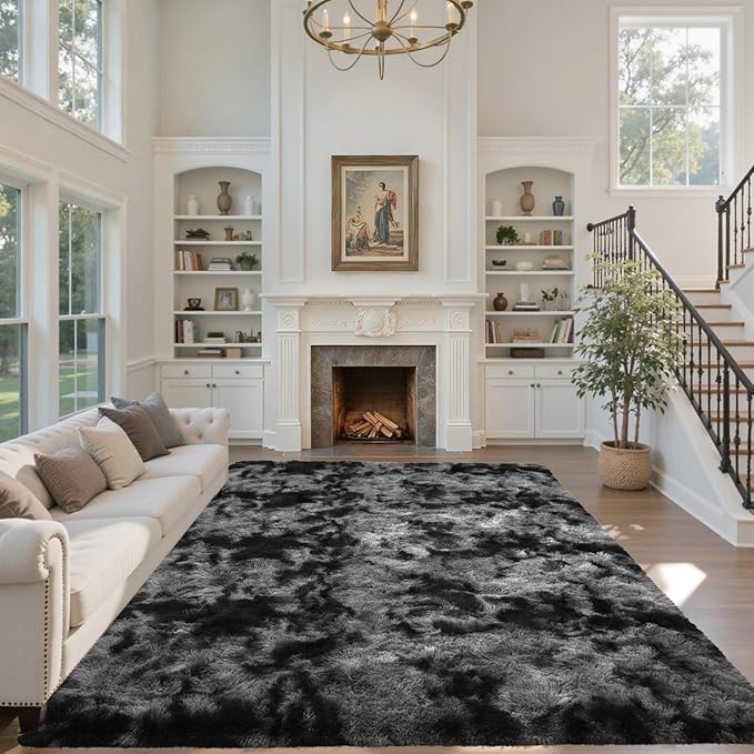 Area Rugs for Living Room 8x10 Black Grey Fluffy Rug,Super Fuzzy Fur Bedroom Carpet for Boys Dorm Office Nursery Modern Home Decor