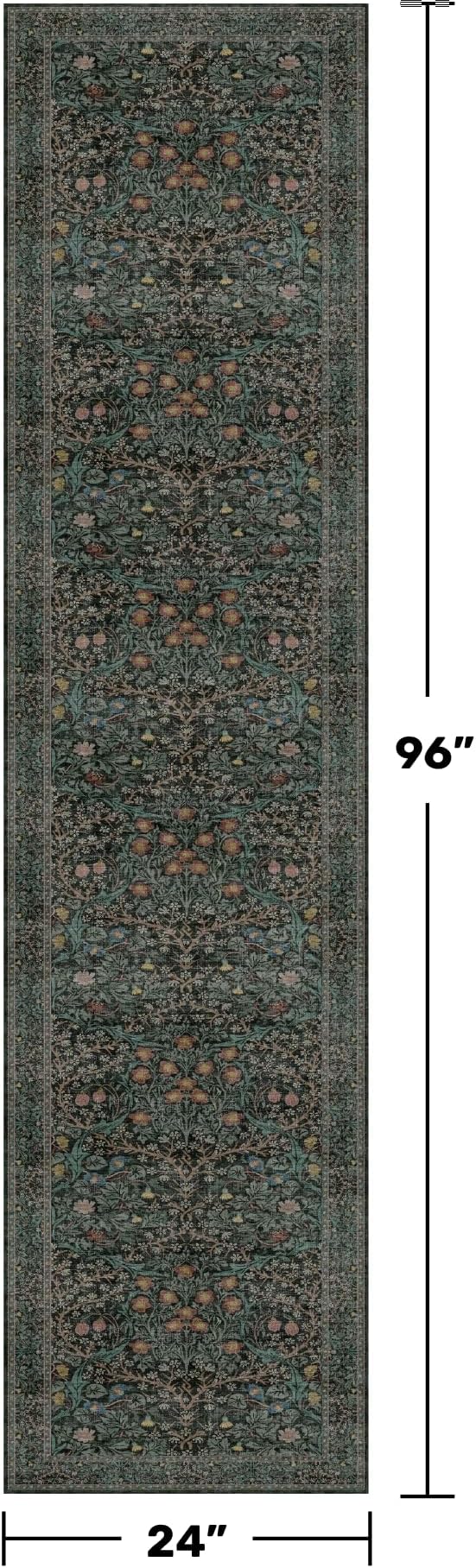 Dark Green 2x8 Runners for Hallways, 8ft Long Floor Runner for Kitchen, Entryway Indoor, Washable Non Skid Rubber Backing Stain Resistant - Vintage Floral Décor