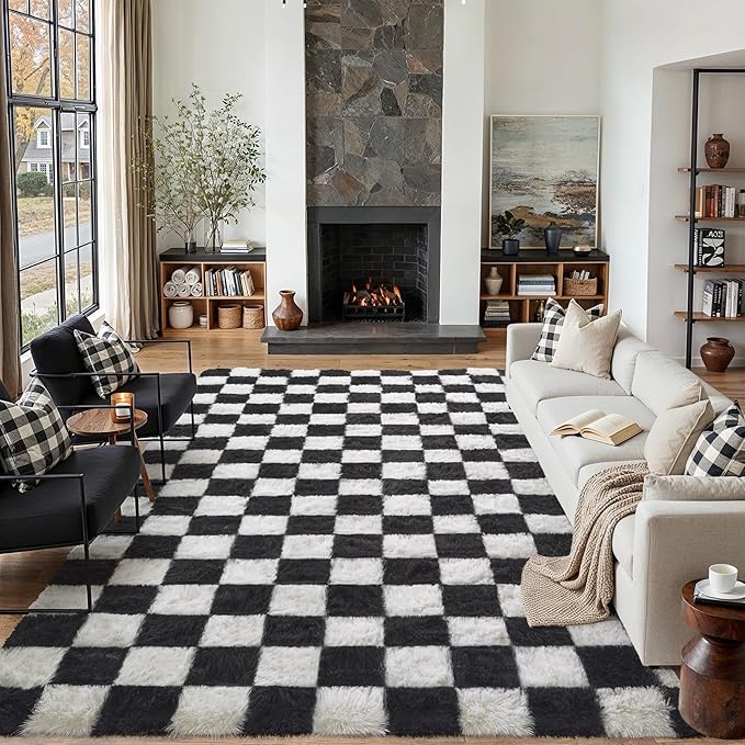 PureCozy Checkered Rug 7x10 for Living Room, Black and White Modern Shag Rugs Super Soft Washable Indoor Office Fuzzy Carpet Non-Slip Fluffy Rugs for Bedroom Home Aesthetic Decor