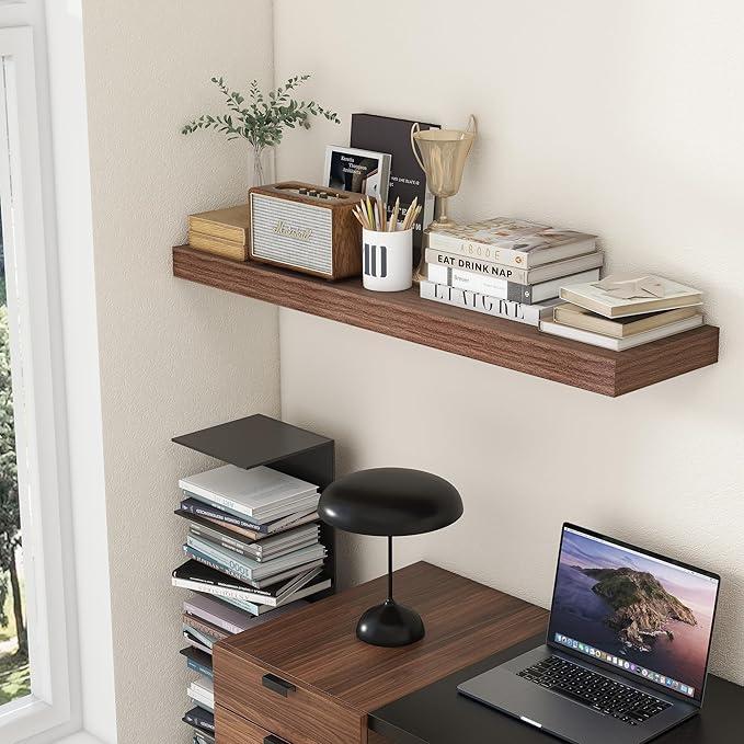 FLYJOE 48 Inch Walnut Floating Shelf | 12 Inch Deep Floating Shelves Set of 1 | 48" D x 12" D Rustic Wood Shelves for Wall | Deep Walnut Shelves for Living Room Bathroom Laundry Room Kitchen