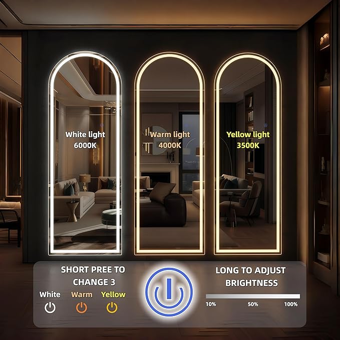 Full Length Mirror with LED Lights 65"x24"Arched Full Body Mirror with Stand Aluminum Alloy Frame, Floor Mirror with Dimming & 3 Color Lighting for Bedroom Dressing Room Tempered Glass Silver