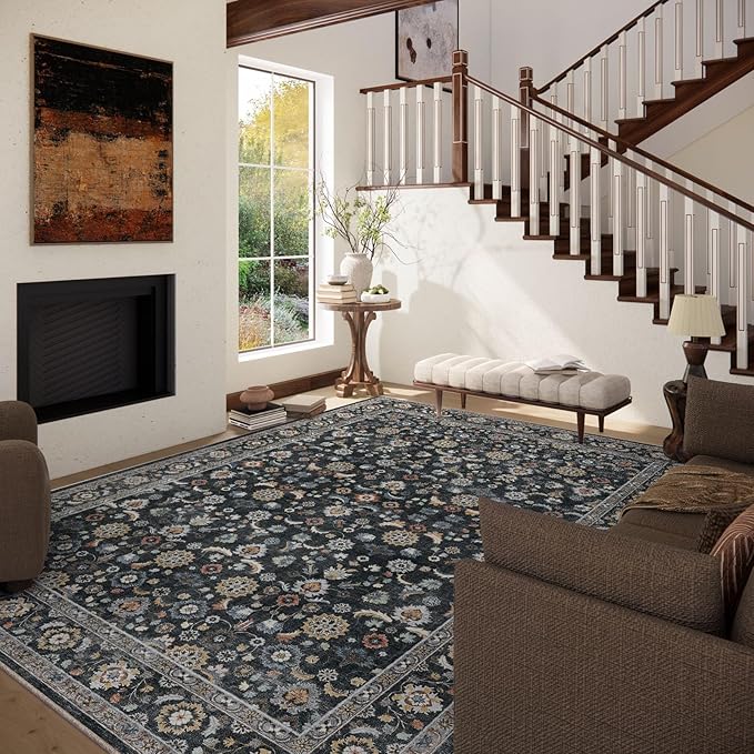 Washable Area Rugs for Living Room: 6x9 Bedroom Rug Vintage Boho Area Rug Stain Resistant Non Slip Low Pile Lightweight Soft Carpets for Living Room Dining Room Kitchen Nursery Kids Room Farmhouse