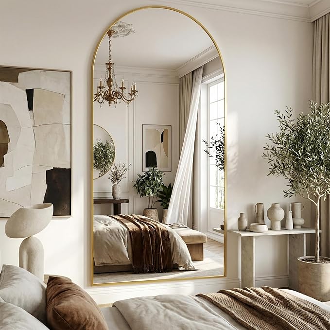 Suidia 86"x46" Arched Full Length Mirror with Stand, Full Body Mirror with Aluminum Frame, Freestanding/Leaning/Wall-Mounted, Floor Mirrors for Bedroom, Living Room, Entryway, Dressing Room, Gold