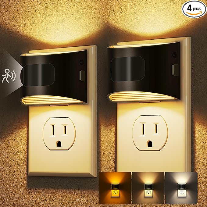 DORESshop LED Night Light[4 Pack], Night Lights Plug into Wall, 3 Color Temperatures Plug in Night Light with Motion Sensor, Dusk to Dawn Sensor, Nightlights for Adults, Bedroom, 3CCT