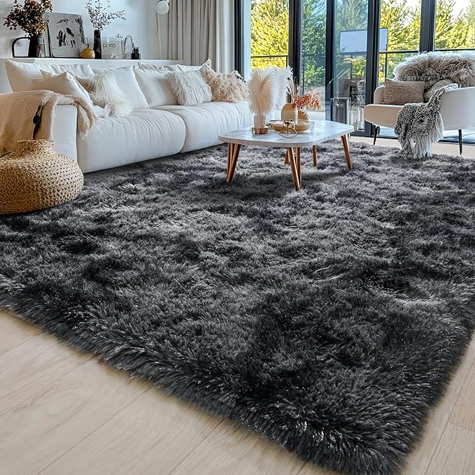 Area Rugs 9x12 for Living Room, Ultra Soft Fluffy Rugs for Bedroom, Non-Slip Furry Large Rug for Teen Girls and Boys,Nursery Kids Room Dorm Home Decor, High Pile Plush Floor Carpet, Dark Grey