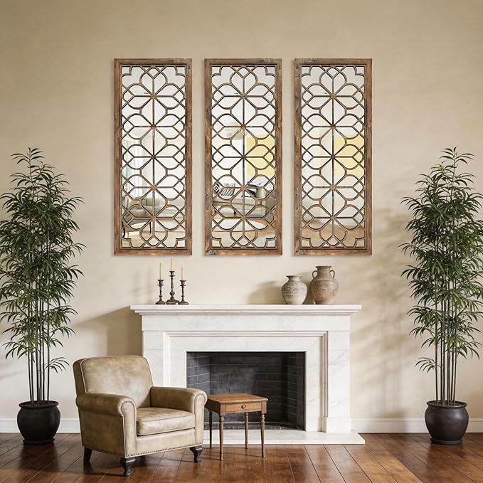 Set of 2 16x41.5 Inch Large Carved Floral Wood Frame Wall Mirrors, Shatterproof Boho Farmhouse Rustic Accent Mirrors for Living Room, Bedroom, Bathroom, Entryway & Home Wall Decor （Redbrown）