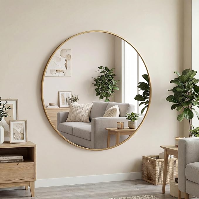 OLIXIS Gold Round Wall Mirror 28 Inch, Round Mirrors for Wall Decor, Circle Mirror for Bathroom, Entryway, Bedroom, Vanity