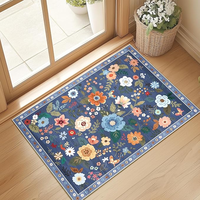 RELEANY Floral Nursery 2x3 Area Rugs Washable Print Boho Cute Carpet Non Slip Flower Low Pile for Living Room Kids Girls Playroom Bedroom Kitchen Office Farmhouse-Blue/Grey
