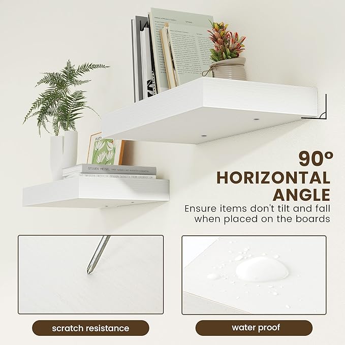FLYJOE Deep Floating Shelves | 24 Inch White Floating Shelves Set of 2 | 12 Inch Deep Rustic Wood Shelves for Wall | 24" W x 12" D White Shelves for Living Room Bathroom Laundry Room Kitchen