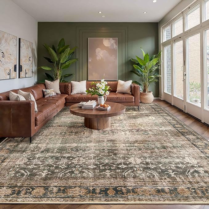 Rugxara 8x10 Area Rugs for Living Room Bedroom, Large Washable Rug, Brown Vintage Retro Boho Rug, Non Slip & Low Pile Faux Wool Thin Carpet for Indoor Dining Room and Kids Room(Charcoal/Olive 8x10ft)