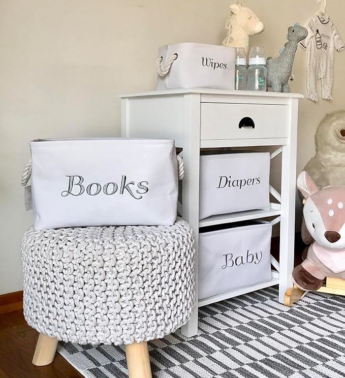 APPLE PIE ORDER Nursery basket, Storage & organizer Bin for Baby, Diapers, Wipes, Books, Toys. White Canvas fabric Decorative Box with Embroidering. (Books - Gray, Medium)