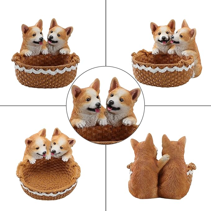 Dog Resin Storage Basket, Desktop Organizer for Remote & Keys, Cute Home Decor Tray, Ideal present for Pet Lovers.(Dual Corgi)