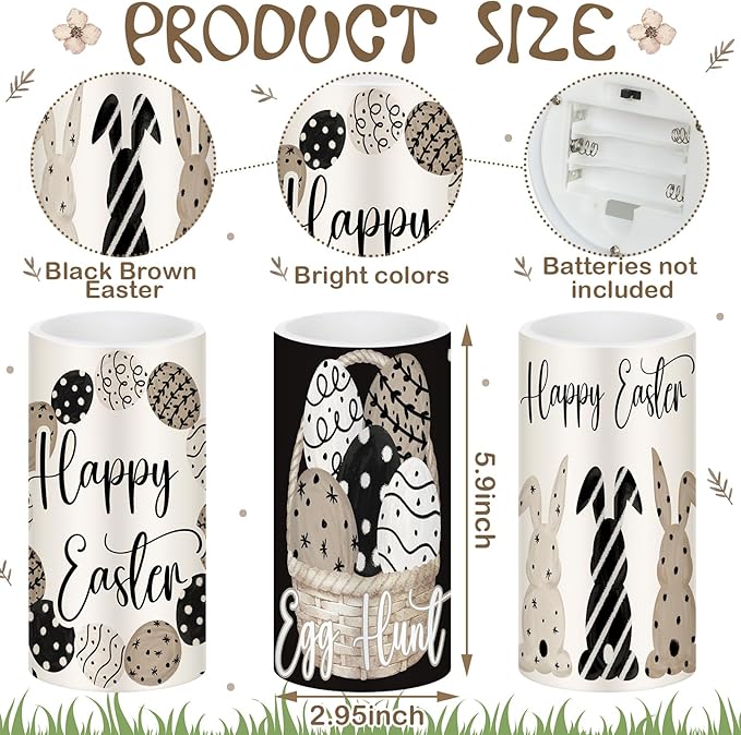 Retisee 3 Pcs Black Brown Easter Flameless LED Candles Battery Operated Bunny Spring Flickering Pillar Candles with Remote Rabbit Easter Centerpiece for Bedroom Living Room Dinner Table Decoration