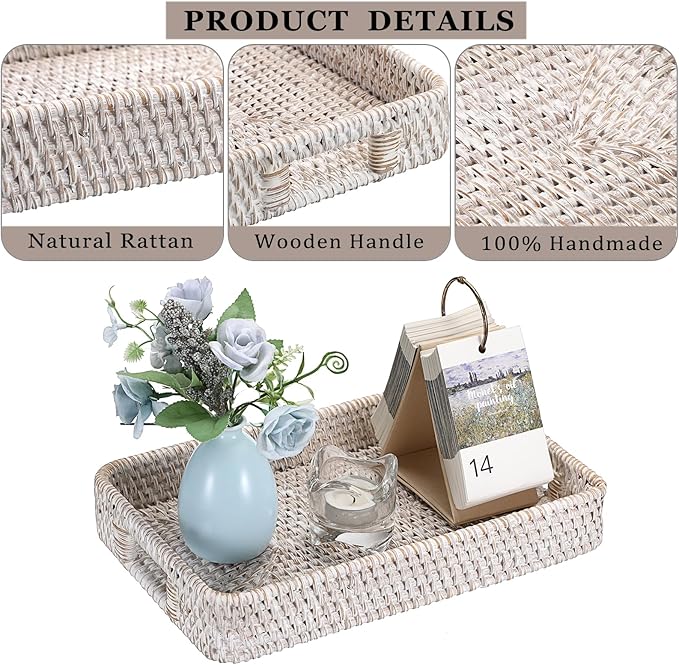Hipiwe Hand Woven Tray with Handle Whitewash Rattan Serving Tray for Storage Rectangular Wicker Basket Tray for Key Remote Fruit Dessert Plate, 11.8 x 7.9 x2 Inch