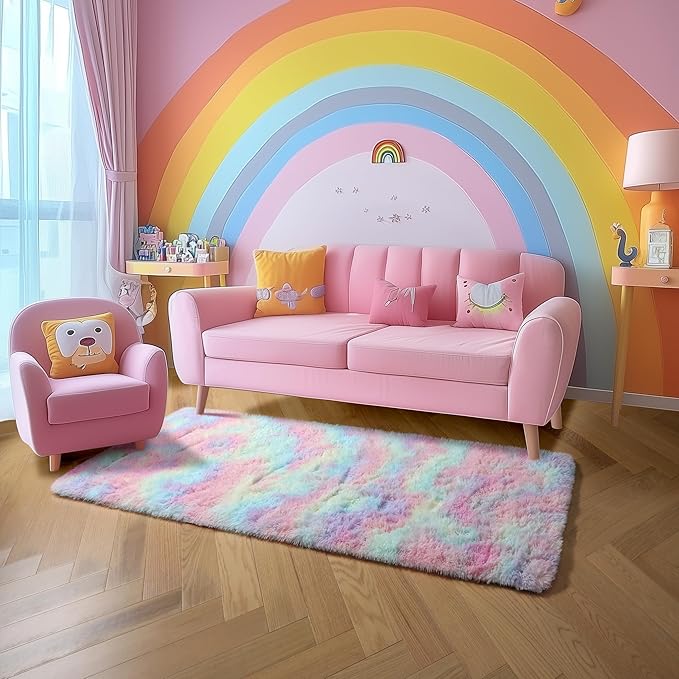 Amdrebio Rainbow 2x6 Runner Area Rugs for Girls Bedroom Kids Room Decor, Pastel Colorful Bedside Rug for Nursery, Cute Unicorn Shaggy Rug for Baby Princess, Kawaii Fluffy Plush Carpet for Playroom