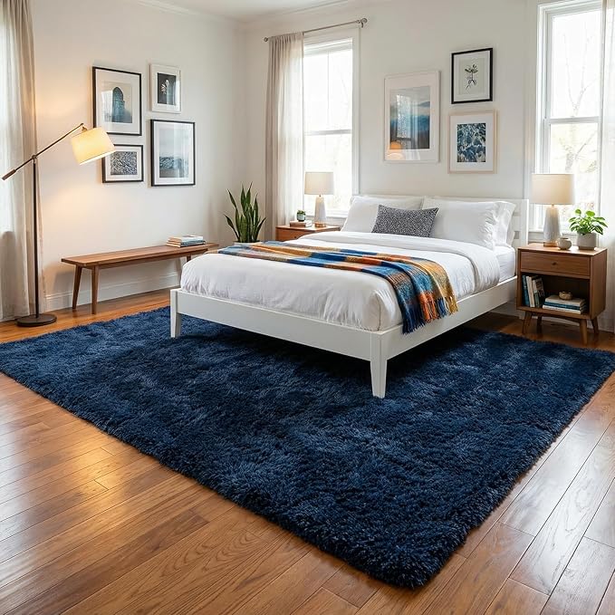 Area Rugs for Living Room, 5x8 Soft Fluffy Shaggy Rug, Machine Washable Non-Slip Plush Fuzzy Indoor Carpet, Aesthetic Home Decor for Bedroom,Kids Room,Nursery,Dorm, Navy Blue