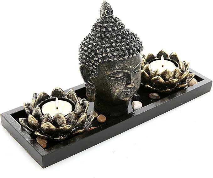 MyGift Black Buddha Head Sculpture Zen Garden Set with Lotus Tealight Candle Holders and Wooden Display Tray, Decorative Tabletop Home Accent